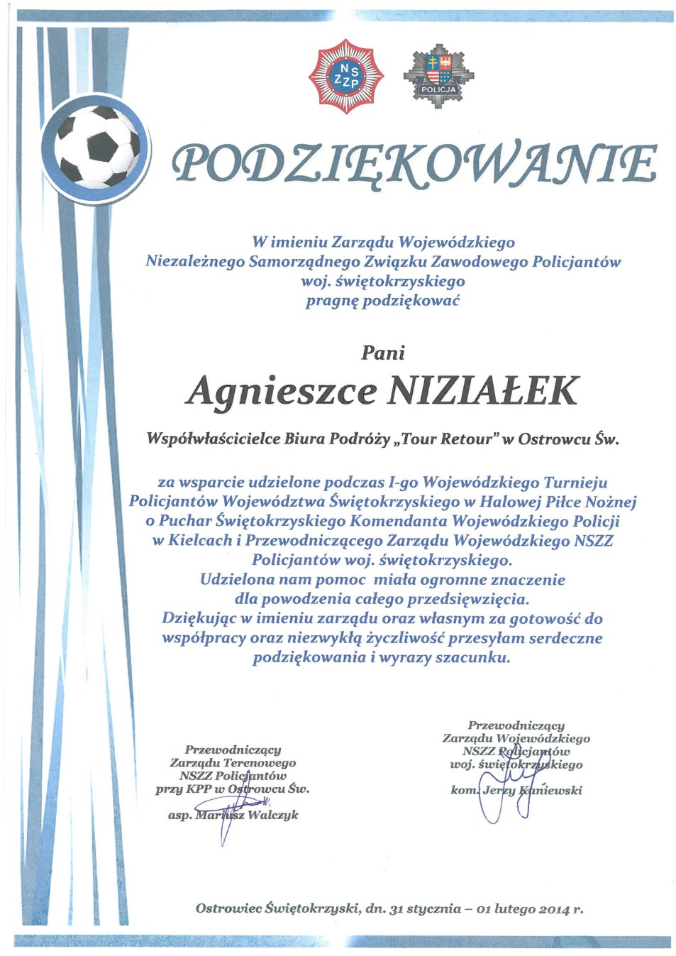 Podziękowanie za wsparcie turnieju wojewódzkiego policji — Agnieszka Niziałek