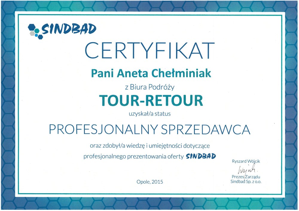Sindbad — profesjonalny sprzedawca — Dokument wystawiony na Anetę Chełminiak z biura Tour-Retour