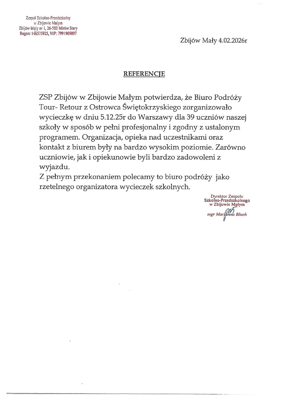 Referencje — Zespół Szkolno-Przedszkolny w Zbijowie Małym, 04.02.2026