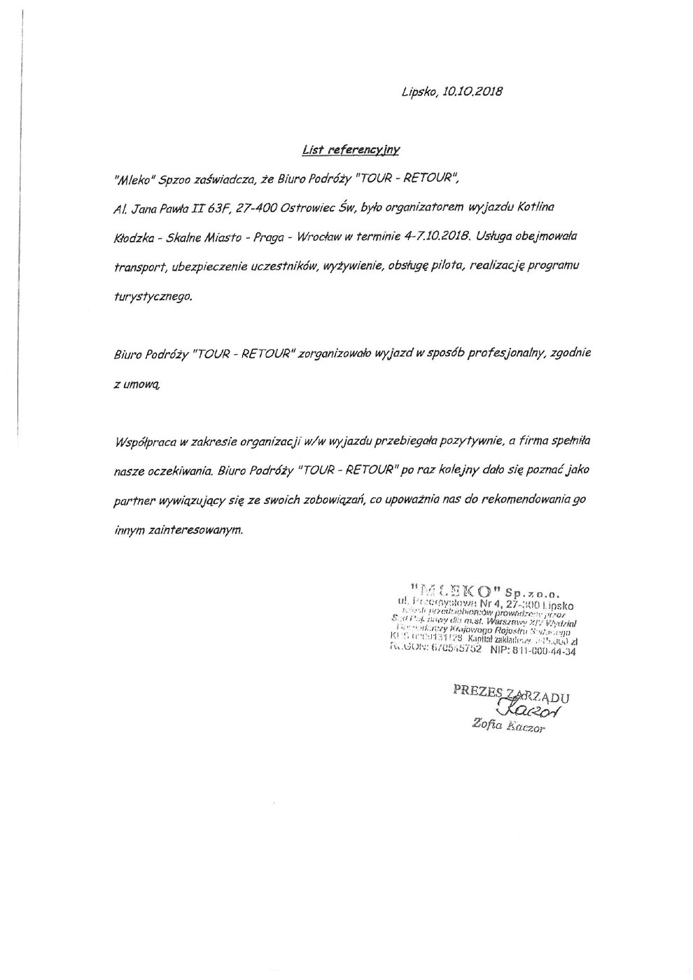 Referencje — Mleko Sp. z o.o. w Lipsku, 10.10.2018